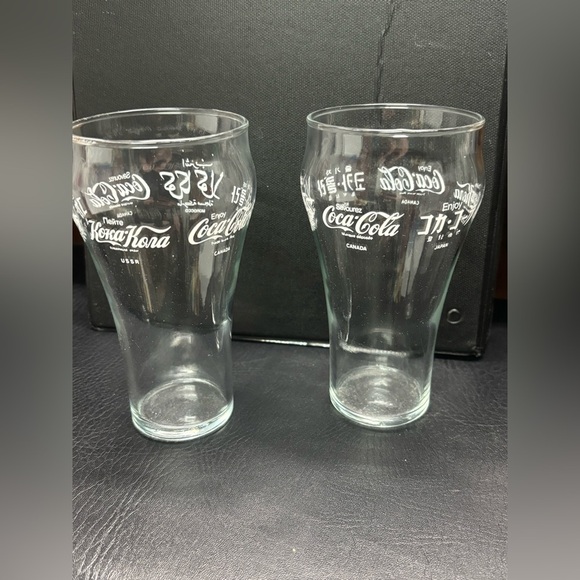 Vintage Coca-Cola Drinking Glasses-Logo in 5 Languages- Set Of 2 EUC 6” - Picture 1 of 2